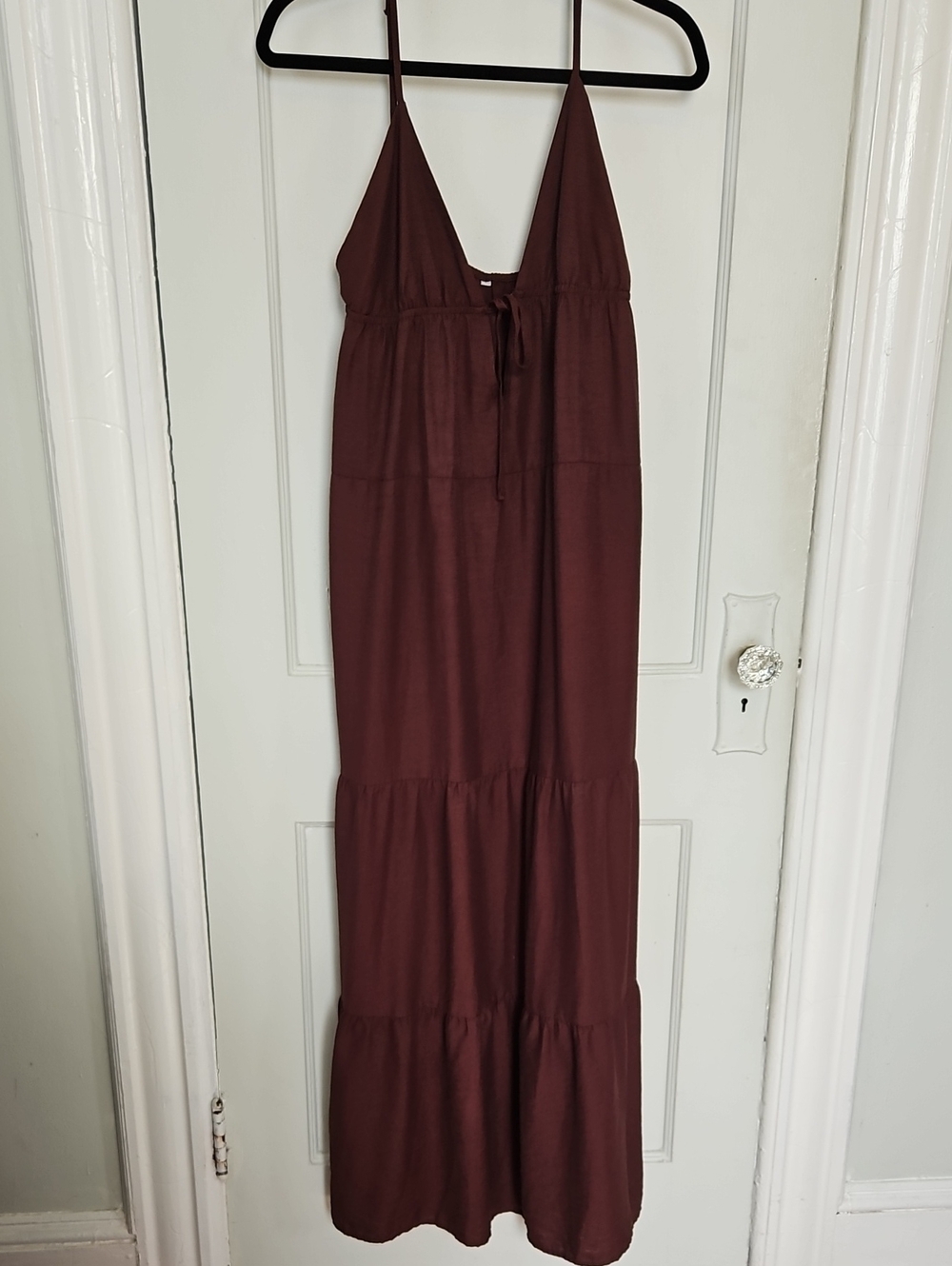 Adjustable Tie Spaghetti-Strap Maxi Dress in Brown- L